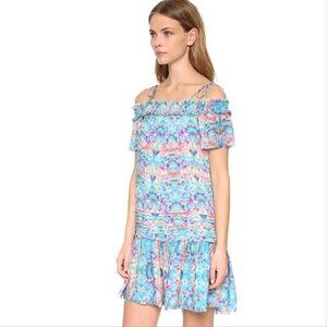 NWT Anthropologie Pepin  Willa Watercolor Ruched Shoulder Boho Mini Dress